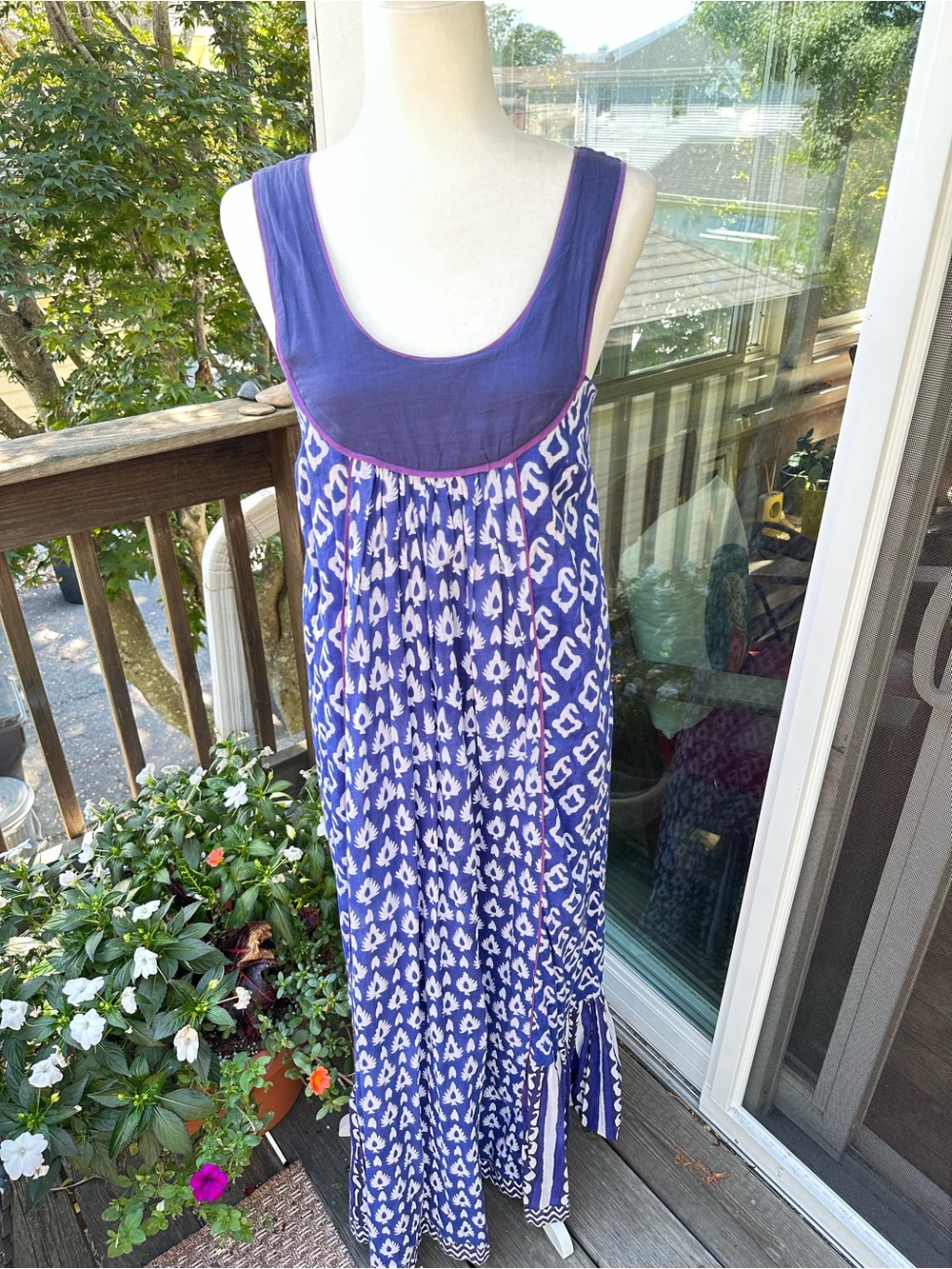 Roberta Roller Rabbit Block Print Cotton Maxi Dress Blue Purple XS Scoop Neck